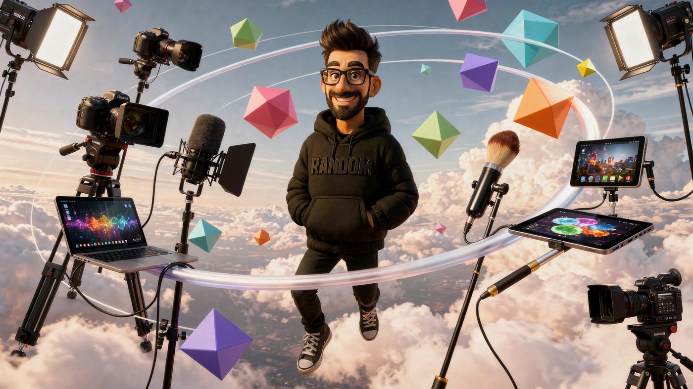 Luis Randomness character, surrounded by production gear