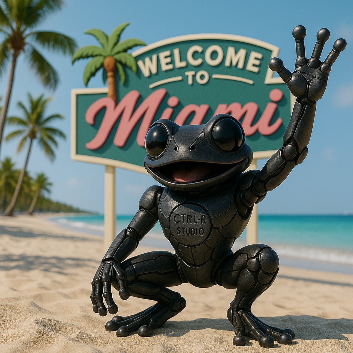 The Coquí waving in front of a Welcome to Miami sign
